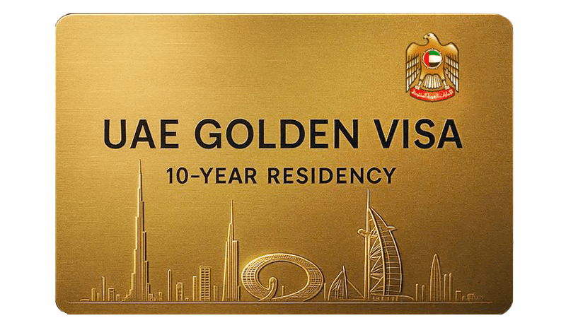 UAE Golden Visa card — 10-year residency, UAE emblem, and Dubai skyline graphic