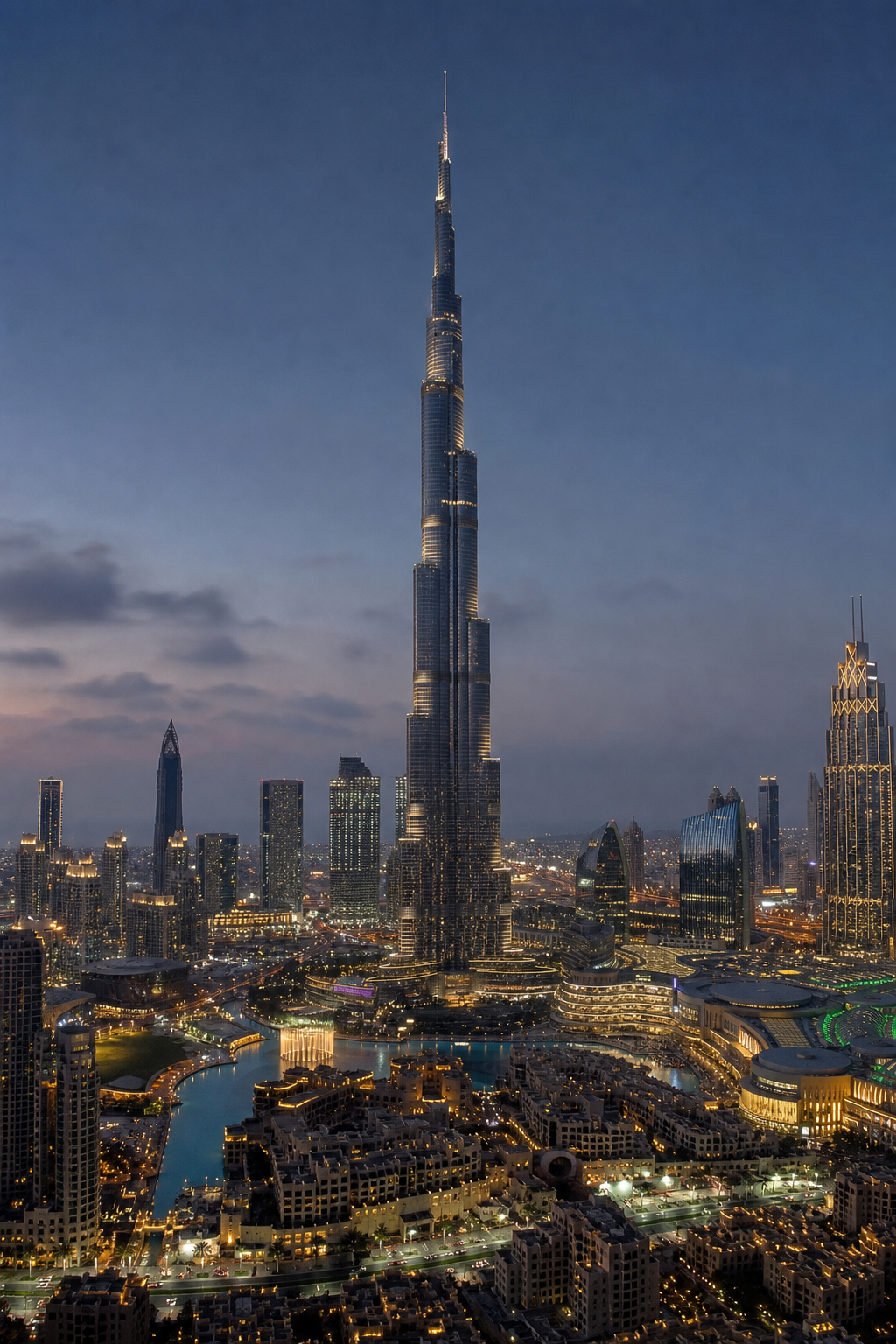 Downtown Dubai skyline at dusk with Burj Khalifa and city lights